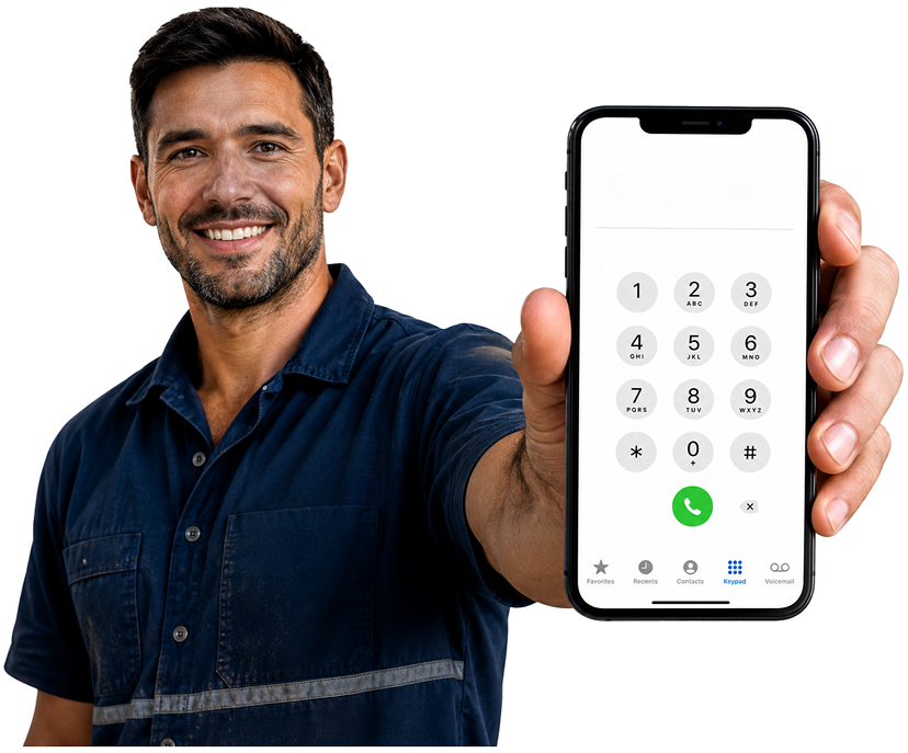 Bringelly Blocked Drains plumber holding a phone — call 1300 261 965