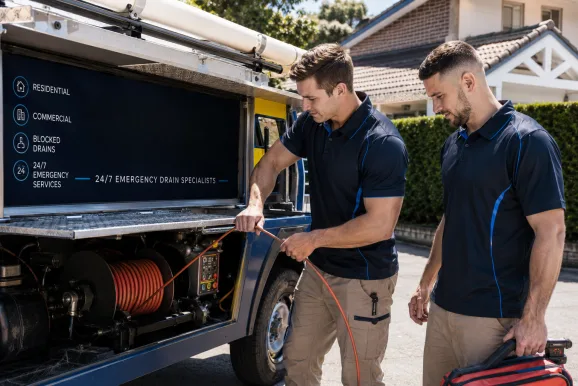 Two plumbers working on a blocked drain in Bringelly