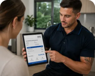 Plumber showing a Bringelly customer the quote on a tablet