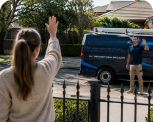 Customer waving goodbye to a Bringelly Blocked Drains plumber